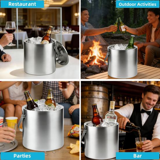 Stainless Steel Ice Bucket with Lid And Tongs 2/3L Large Capacity Double Wall Insulated Ice Bucket for Parties Wine Champagne Cocktails Home Bar
