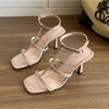 Fashion High-heeled Sandals Women's 2025 Versatile Ice-through Nude One-word Strap Sandals Summer Square-heeled High Heels Women