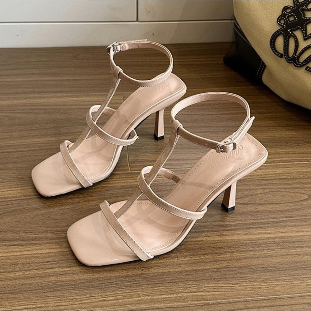 Fashion High-heeled Sandals Women's 2025 Versatile Ice-through Nude One-word Strap Sandals Summer Square-heeled High Heels Women