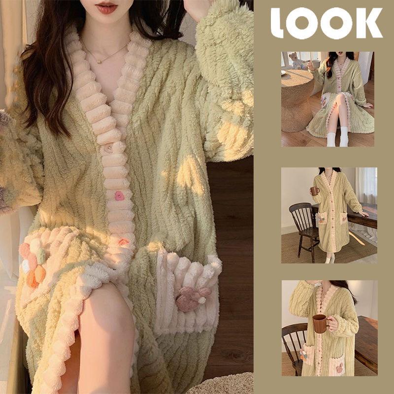 Bow Women Sleepwear Nightdress Winter Night Wears Warm Fleece Pajama One Piece Nightgown Pocket Long Sleeve Homewear