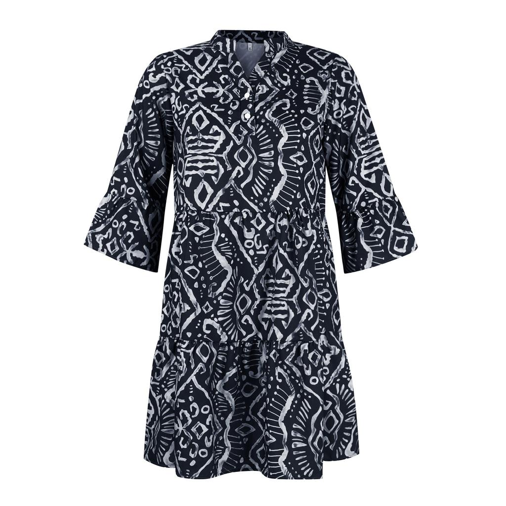 Women's Fashion Button V-neck Speaker 3/4 Sleeve Printed Patchwork Cake Dress