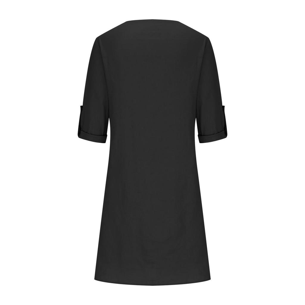 Женское летнее однотонное хлопково-льняное платье в стиле ретро с v-образным вырезом и длинными рукавами, легкое дышащее платье