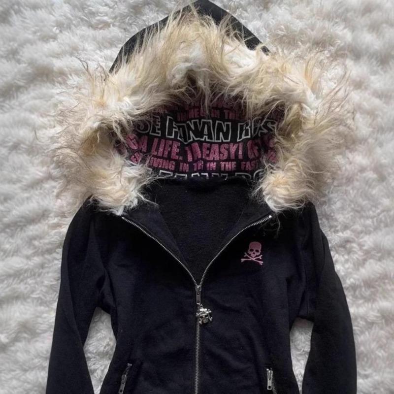 2KWEIRD Y2K Черная толстовка с капюшоном на молнии с меховым воротником Сексуальная женская толстовка Харадзюку Готика Графический принт с буквами Приталенное пальто
