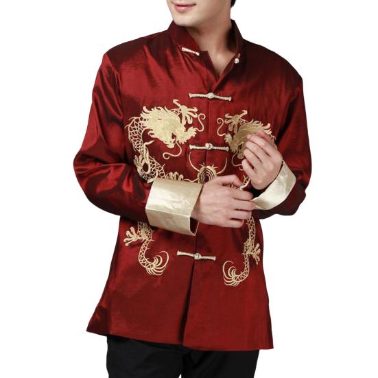 Пиджак в стиле Тан с двумя драконами в стиле ретро с длинными рукавами и стойкой в китайском стиле