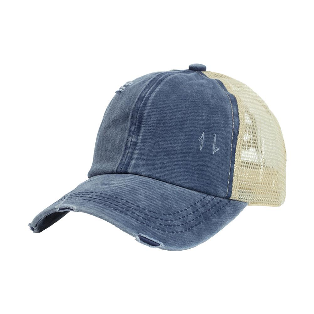Women Cross Ponytail Baseball Cap Mesh Adjustable Outdoor Sports Washed Distressed Peaked Cap