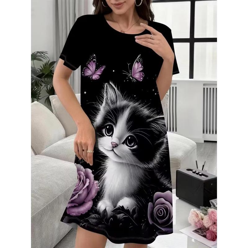Fashion Elegant Cute Animal Women Dress Casual Beach Mini Dress Summer Loose Short Sleeve O-Neck Tiger Cat Dog Print Dress