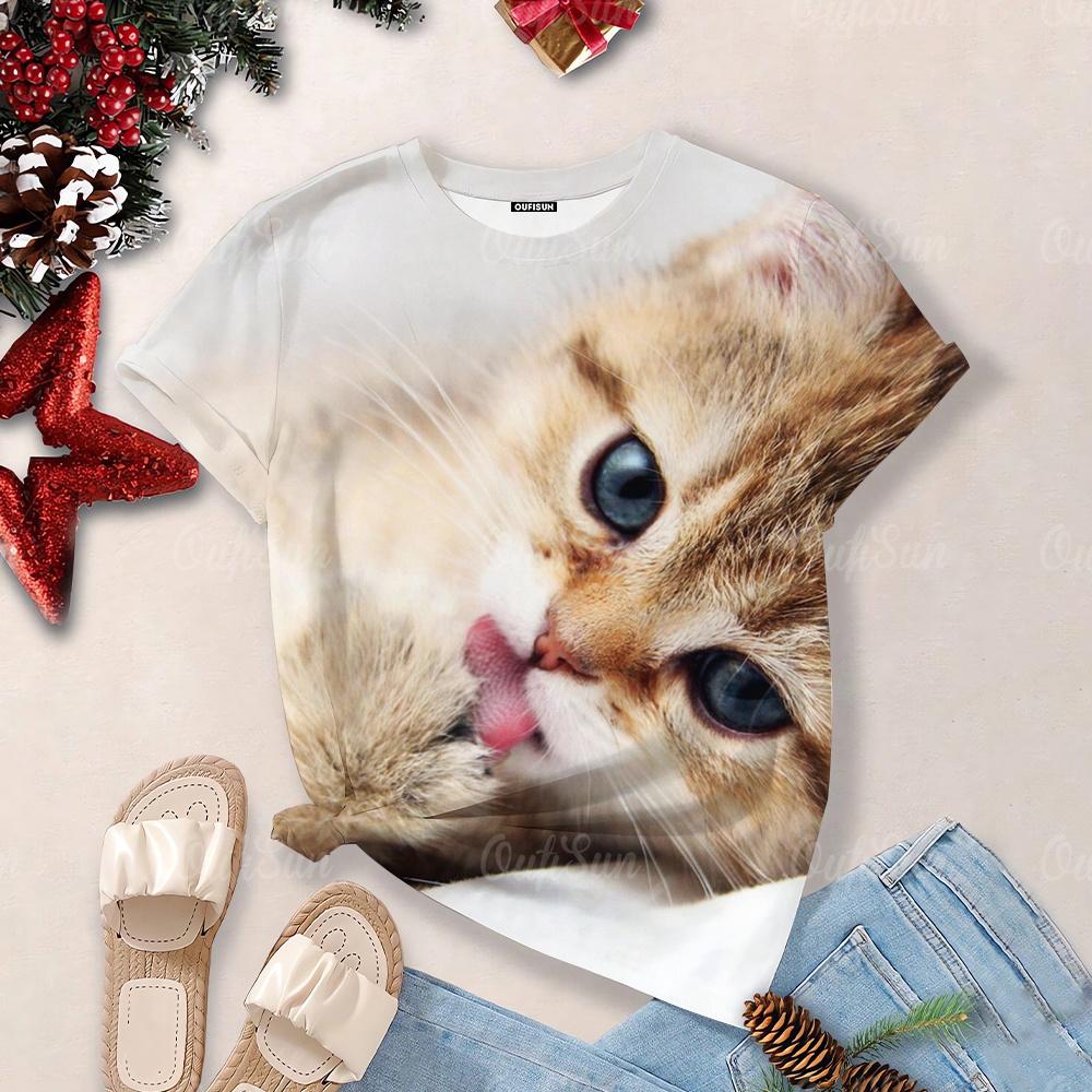 Футболки Overzise для женщин 2024, футболки с круглым вырезом и короткими рукавами с 3d принтом милого кота, топы, кавайные повседневные футболки, эстетические женские топы
