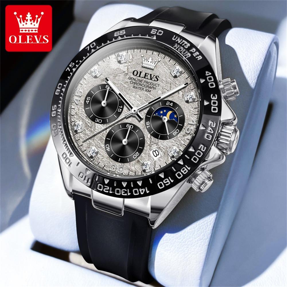 OLEVS Men's Watches Casual Fashion Original Brand Quartz Wristwatch for Man Silicone Strap Moon Phase Date Chronograph Luminous