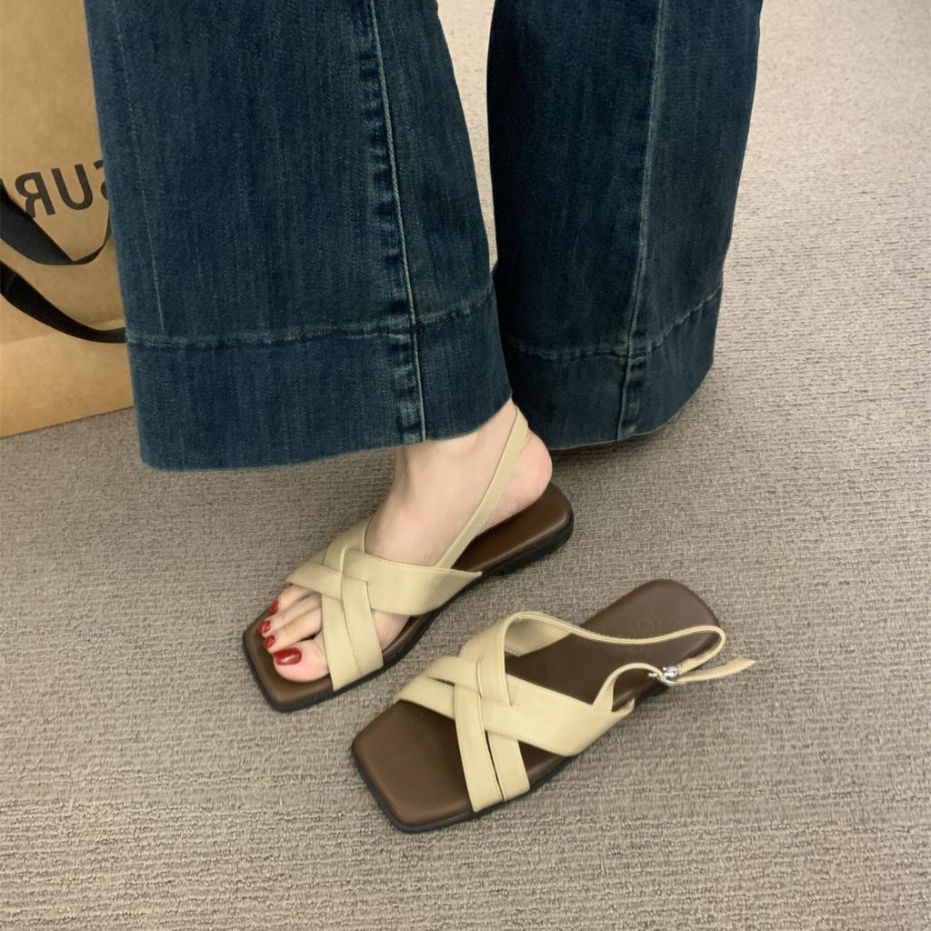 Модные удобные туфли с открытым носком для женщин, римские сандалии, дышащие, с перекрестными ремешками, лето 2025, пип-то, ретро, гладиаторские, новые квадратные балетки для девочек
