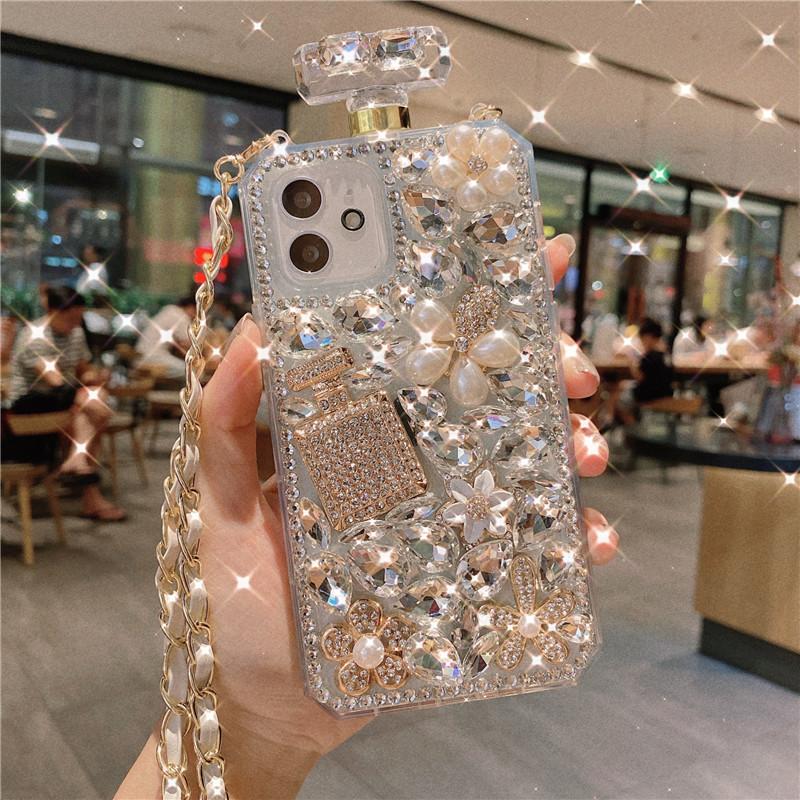 Bling 3D флакон духов с бриллиантами и стразами, блестящий чехол-капа для iphone 14 13 12 11 Pro XR Xs Max 7 8 Plus/Samsung S23 S22 Ultra S21 S20 Plus