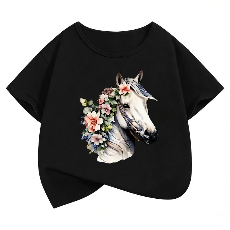 Fashion Horse with Flower Design TShirt Printed T Shirt Girls Summer Clothes Short Sleeve Tops TShirts Cute Girls Clothing