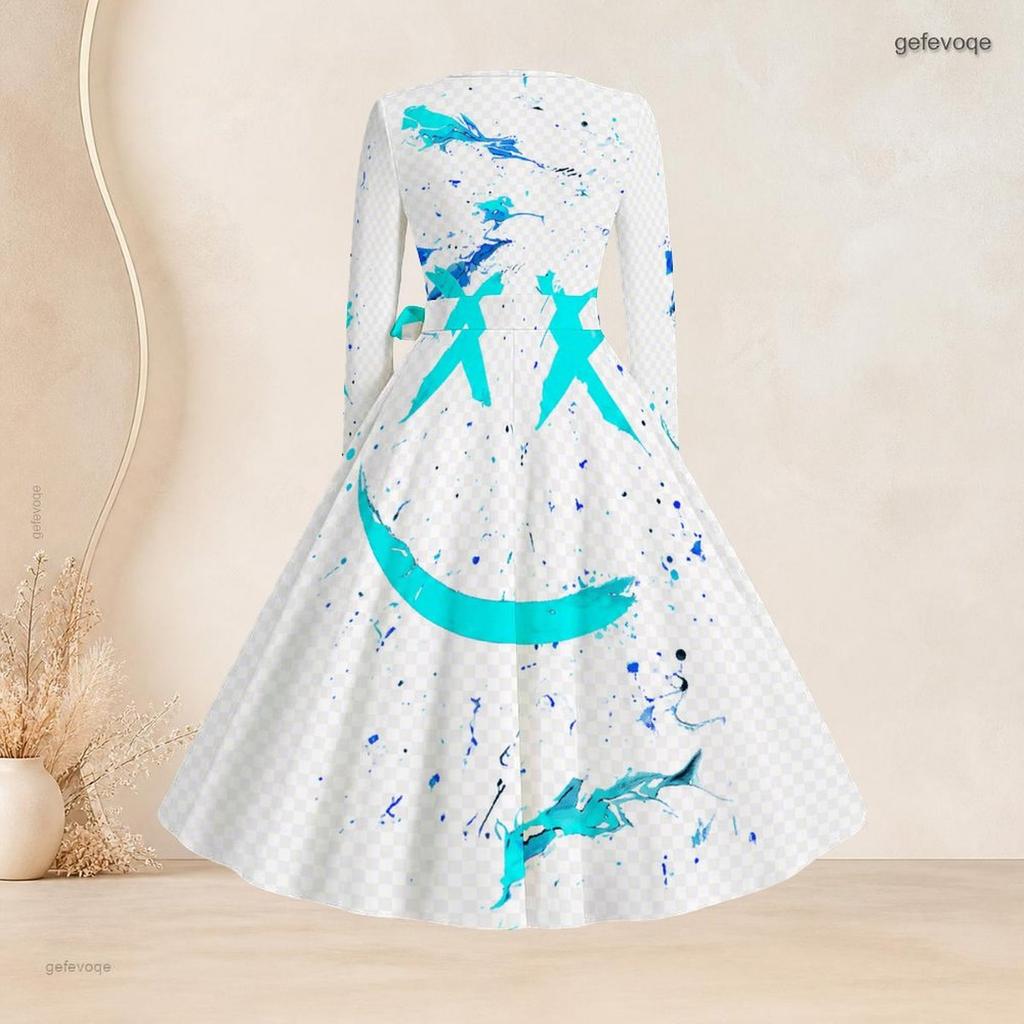 Women Plus Size Square Neck Long Sleeve Blue Pink White Printed A Line Dress With Belt