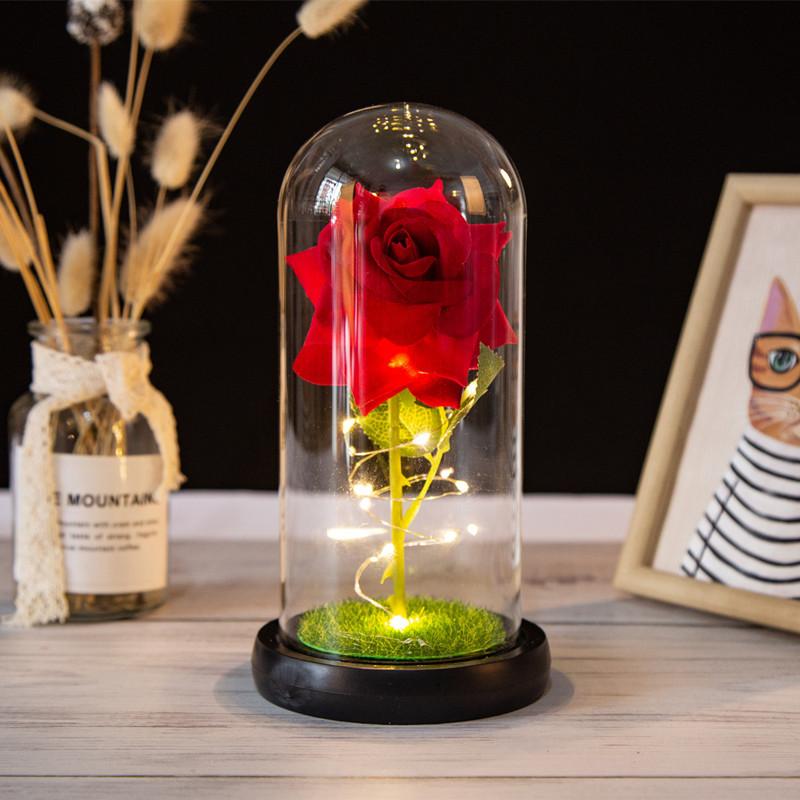 Glass cover simulation rose ornament mother Valentine's Day gift luminous bouquet desktop decoration handmade
