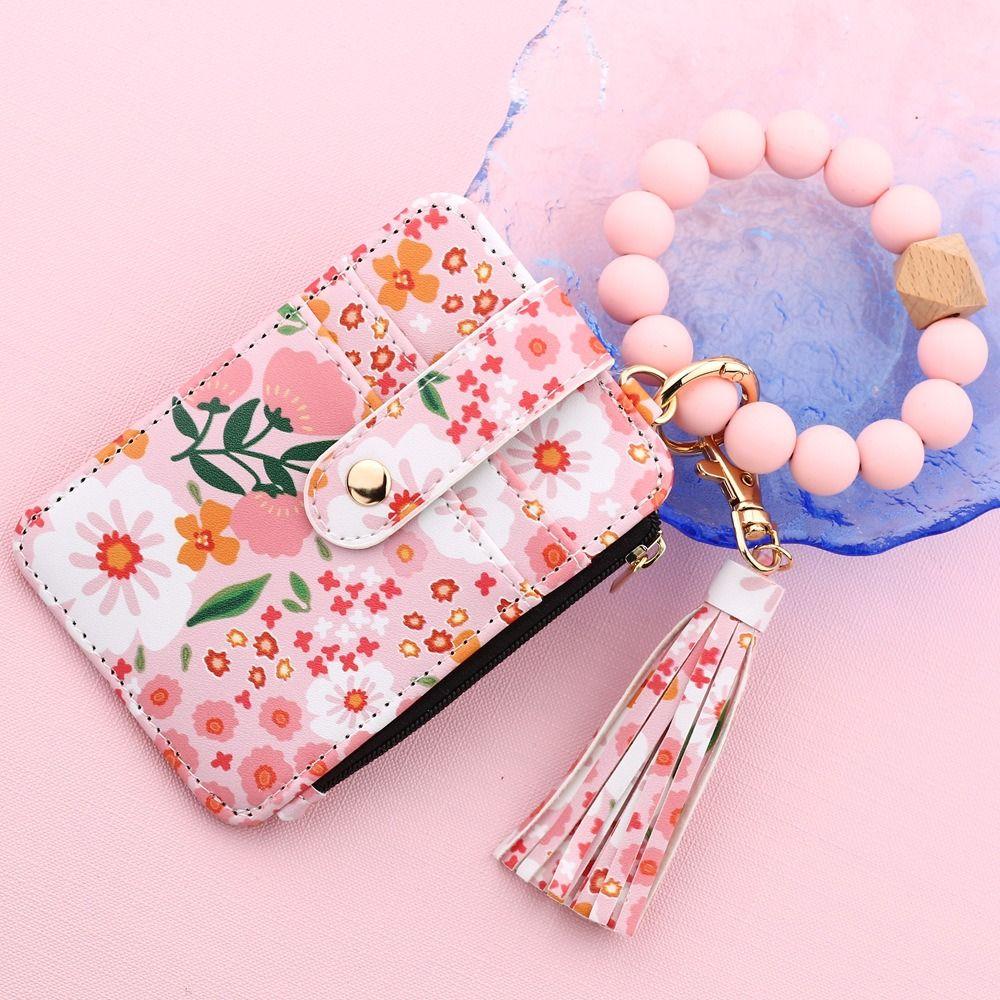 Boho Style Silicone Bead Bracelet Keychain Fragmented Design Leather Card Bag Keychain Travel