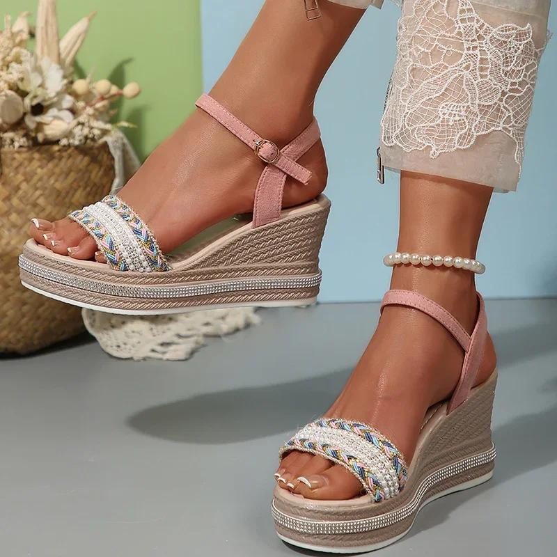 Fashion Crystal Weave Wedge Heels Sandals Women 2025 Comfort Thick Sole Platform Summer Shoes Woman Ankle Strap Chunky Sandalias Mujer