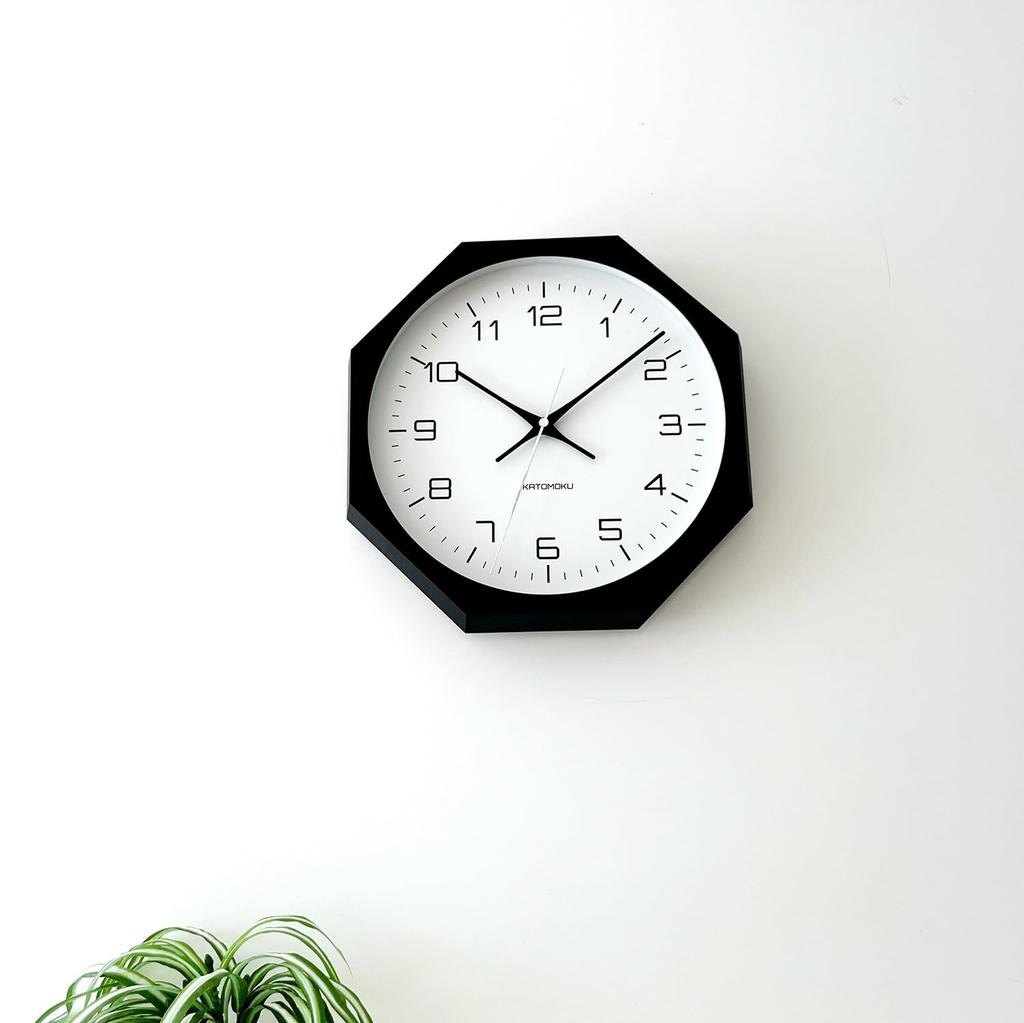KATOMOKU muku clock 11 Octagonal Black Wall Clock with Continuous Second Diameter km-94BKRC8 Hand, 30.0cm (Radio-controlled)