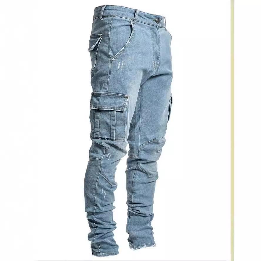 Street Elastic Jeans Men Denim Cargo Pants Wash Pockets Casual Waist Wear Joggers