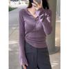 Фиолетовый свитер приталенного силуэта с отложным воротником, женский, весенний, пикантный, тонкой вязки, с длинным рукавом, топ-бадлон
