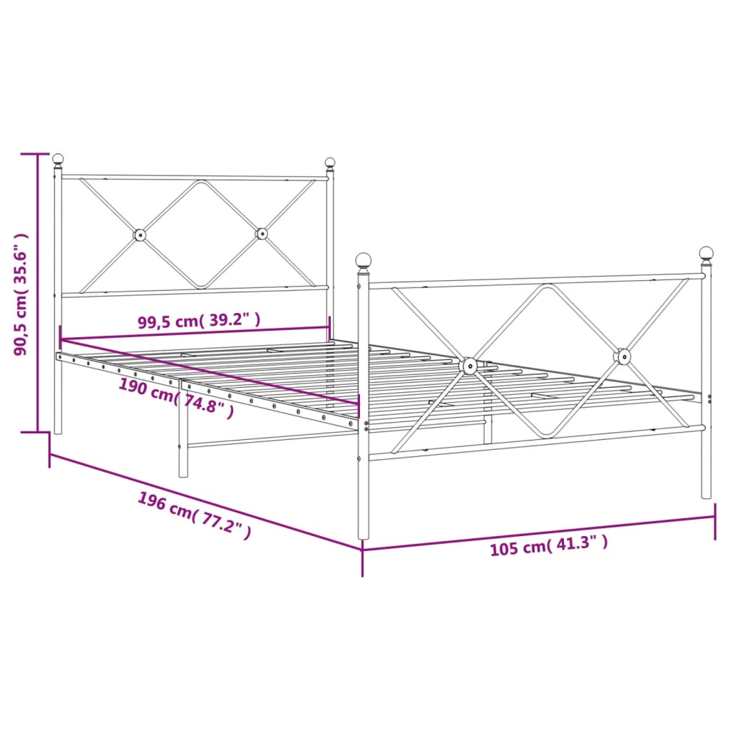 Metal Bed Frame with Headboard and Footboard White 100 x 190 cm