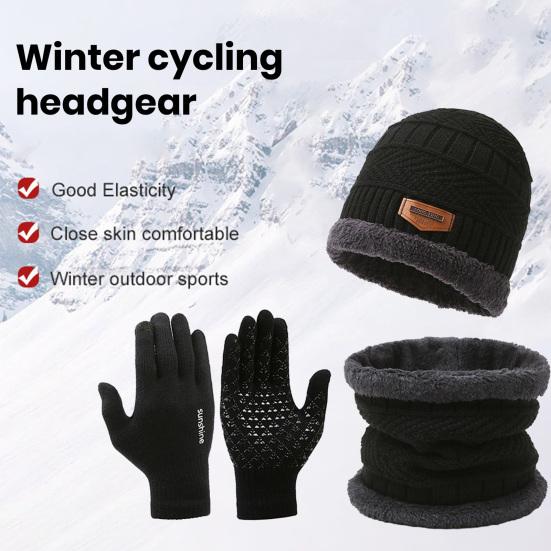1 Set Men Winter Hat Scarf Gloves Set Thick Knitted Soft Warm Elastic Colorful Ear Protection Five Fingers Windproof Winter Outdoor Cycling