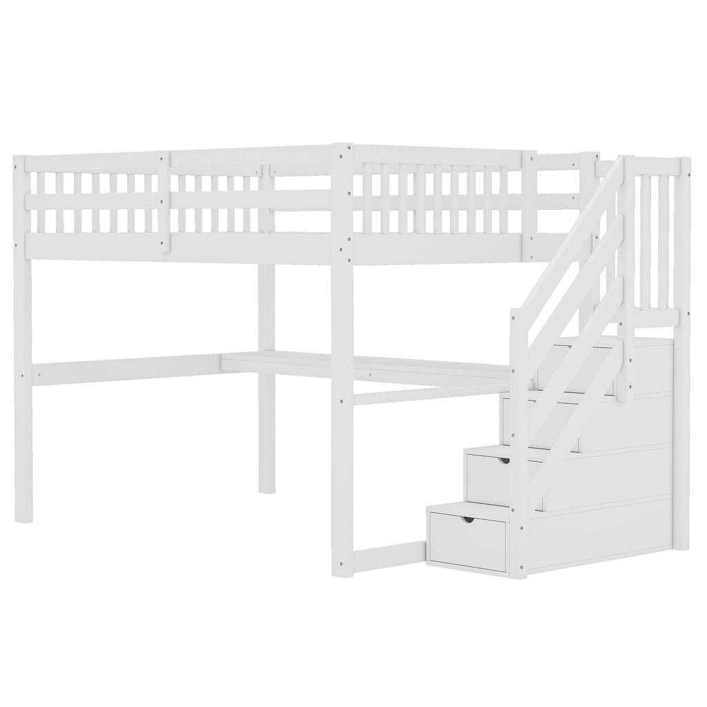 =(WX000717AAK-1) Loft Bed, 140x200, Children's Loft Bed, with Storage Drawers and Under-bed Desk, White