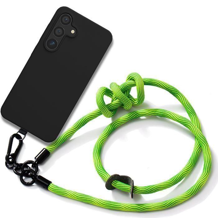 Coque de protection - BOOLING - pour Samsung Galaxy S24 FE - Silicone Souple Noir - Cordon Amovible Vert - 6,7 pouces