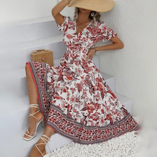 Женское платье миди с V-образным вырезом и короткими рукавами-фонариками в тон с цветочным принтом, с высокой узкой талией, трапециевидной формы, с большими качелями, для отпуска, выпускного вечера, летнего платья миди