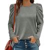 O-Neck Pleated Shoulder Puff Long Sleeves Women Blouse Fall Winter Solid