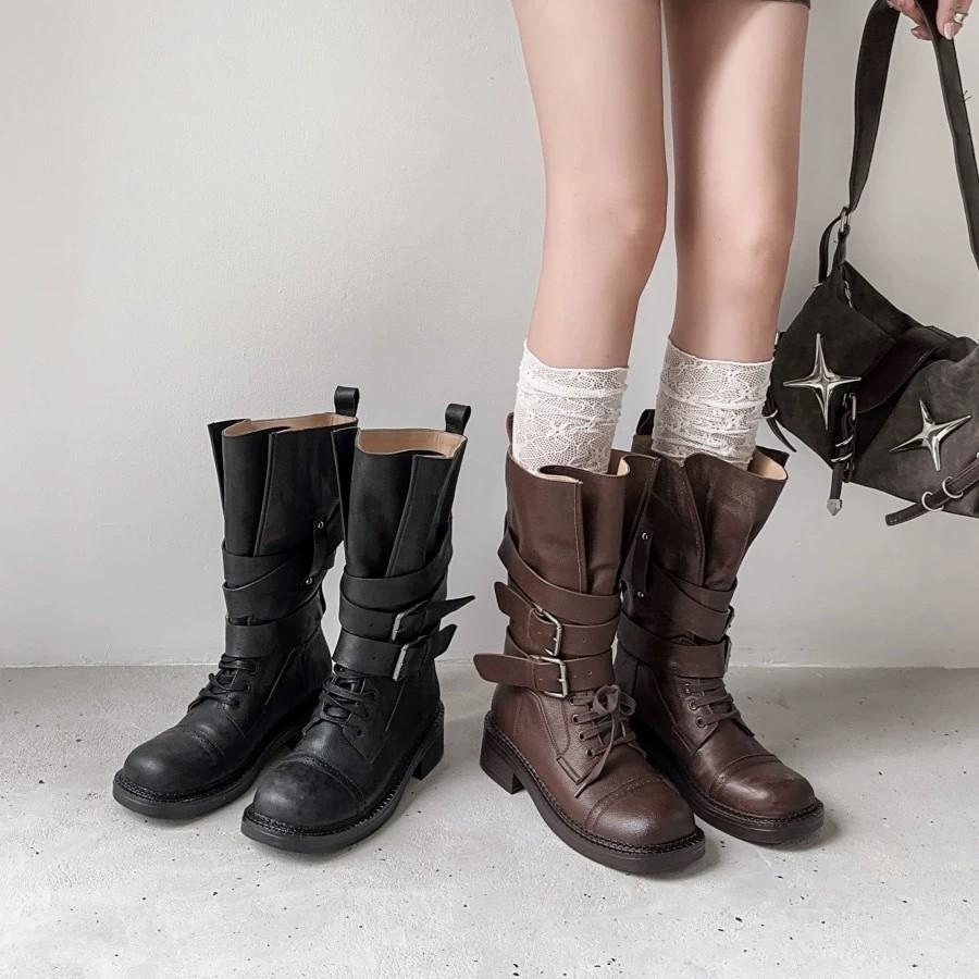Spot Second Hair! Retro Lace-up Round Head Medium Boots British Style Versatile Solid Color Thick Heel Belt Buckle Locomotive Boots Women