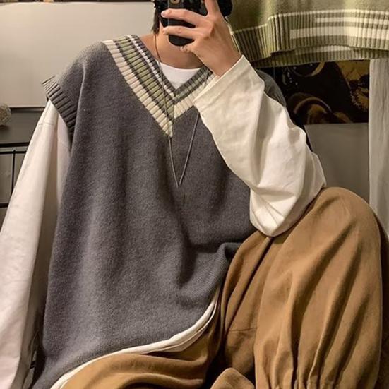 Мужской жилет свитер с V-образным вырезом без рукавов свободный цветной вязаный пуловер средней длины утолщенный преппи и
