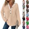 Women's Fashion Colour Block Long Sleeve Drawstring Hooded Button V-Neck Casual Sweatshirt Top