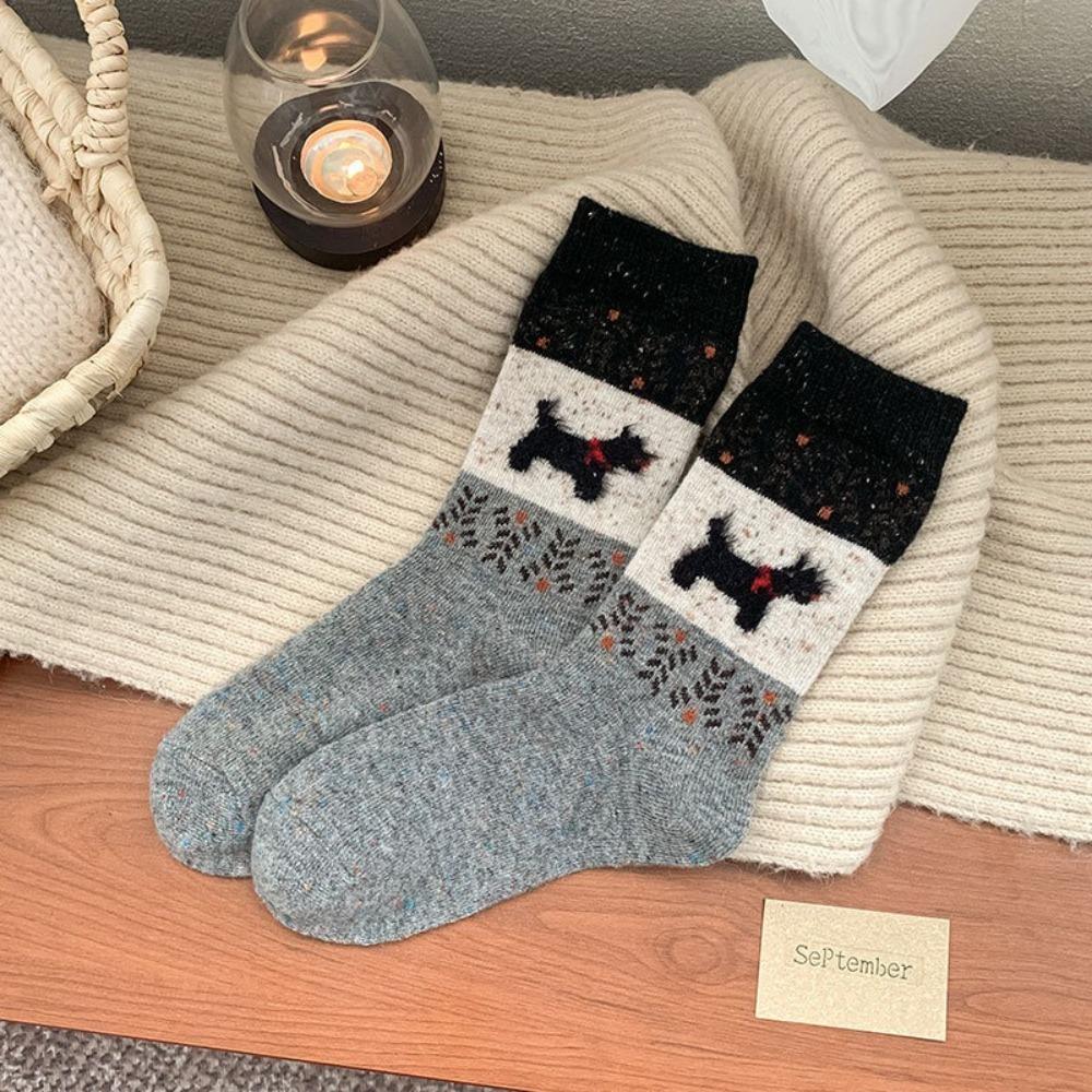 Новые милые щенки Женские зимние носки Утолщенные теплые Корейский стиль Шерстяные носки Средняя высота Домашние носки День рождения