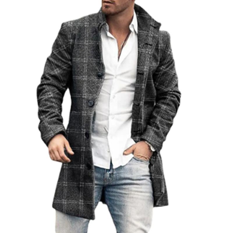 Men's Fall and Winter Straight Hem Tweed Coat with Multiple Pockets Buttoned Lapel Coat