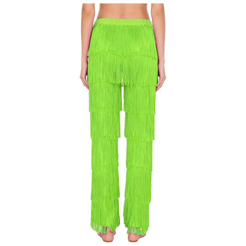 Womens Latin Dance Fringe Pants Elastic Waistband Contrast Color Tassel Trousers Cha Cha Tango Rumba