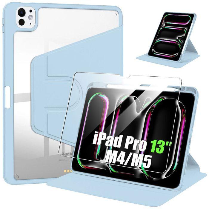Coque + Verre Trempé pour iPad Pro 13" M4 M5 2024 2025, Etui Rotatif 360° avec Porte-Stylet - Bleu