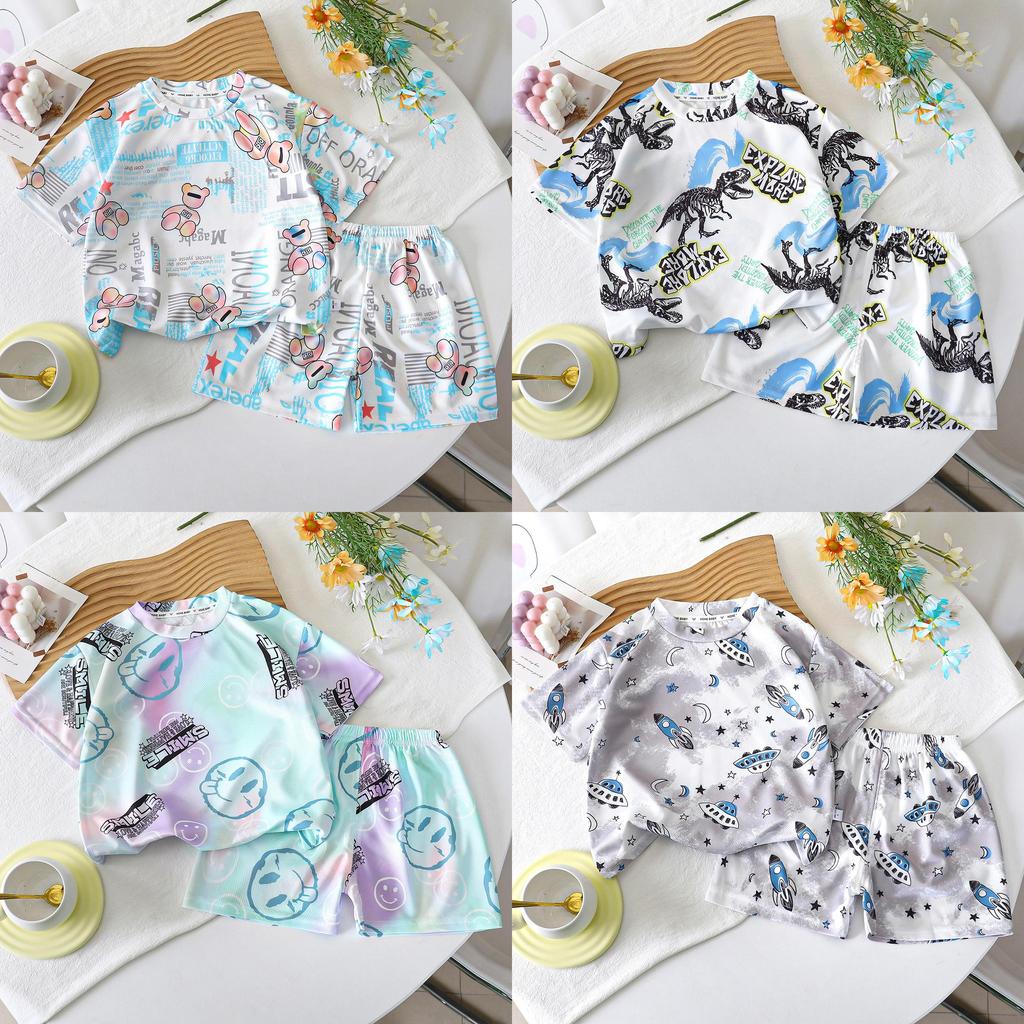 Cartoon Dinosaur Summer Boys Toddler Twopiece Set With Short Sleeve Top And Shorts