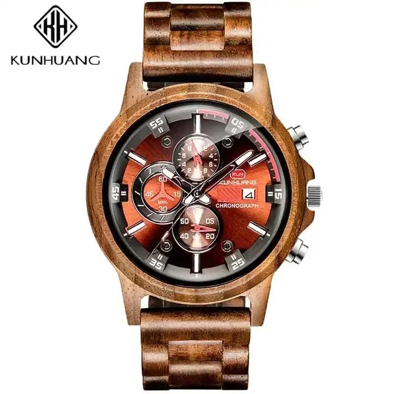 KUNHUANG Authentic Man Luxury Watch Natural Wooden Handmade Watch Quartz Movement Chronograph Sports Watch Zebra New Men's Watch