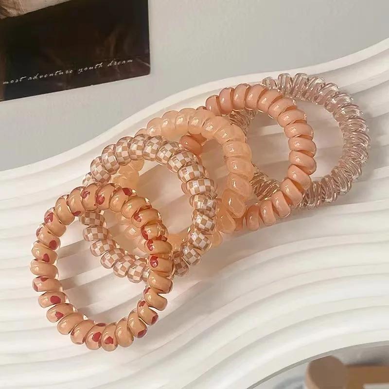 5pcs Set Telephone Cord Scrunchies Spiral Hair Ties Gradient Checkered Print Phone Cord Elastic Hair Band Hair Accessories