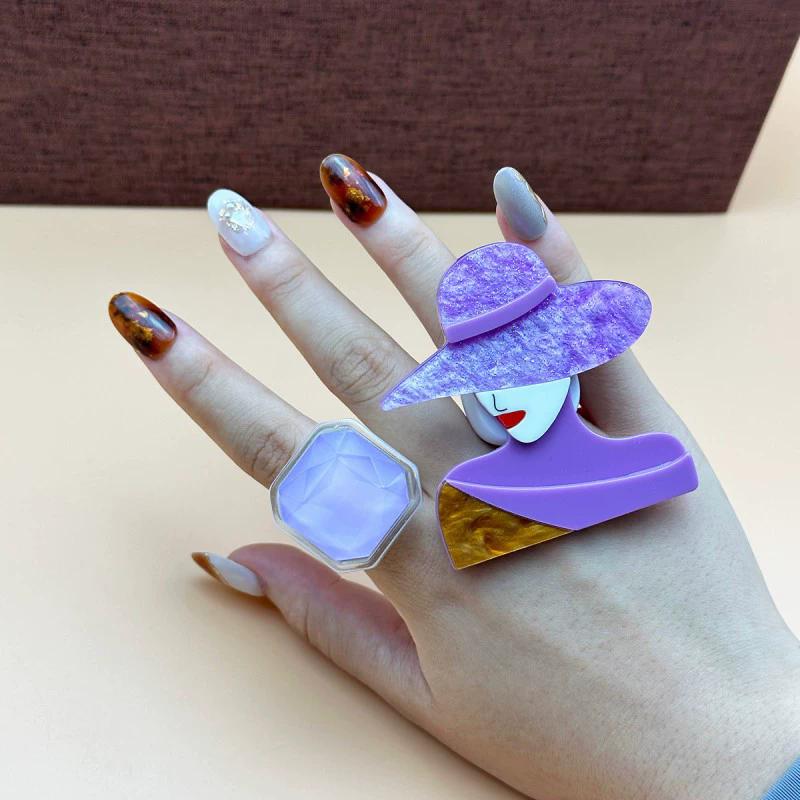 Octagonal Square Diamond Rings Acrylic Rings With Trendy Girl Patterns Wearing Hats Fashion Personalized Jewelry Accessories