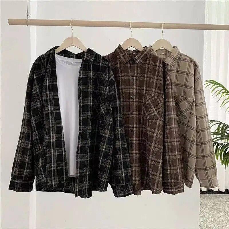 2023 Autumn Casual Vintage Plaid Shirts Fashion Women Korean Style Long Sleeve Button Up Shirt Tops Office Blusas Elegant 29399