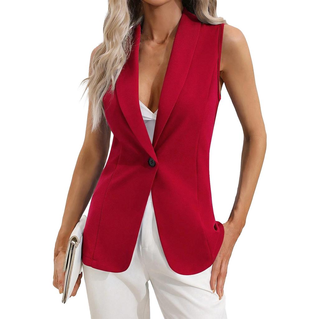 Women's Fashion Solid Color Cardigan Single Button Jacket Sleeveless Round Neck Coat
