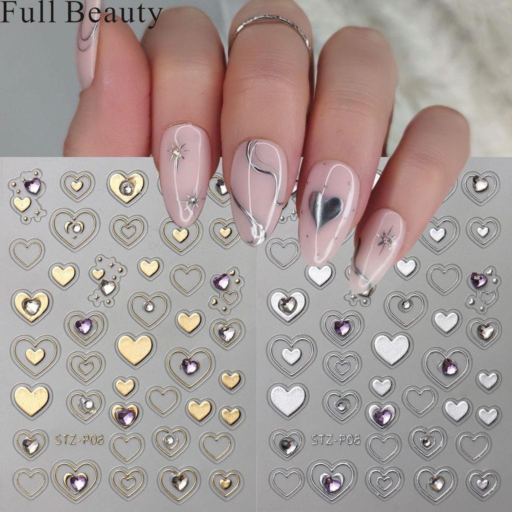 Металлические золотые серебряные наклейки для ногтей сердечки звезды нейл-арт наклейки слайдеры маникюрный декор