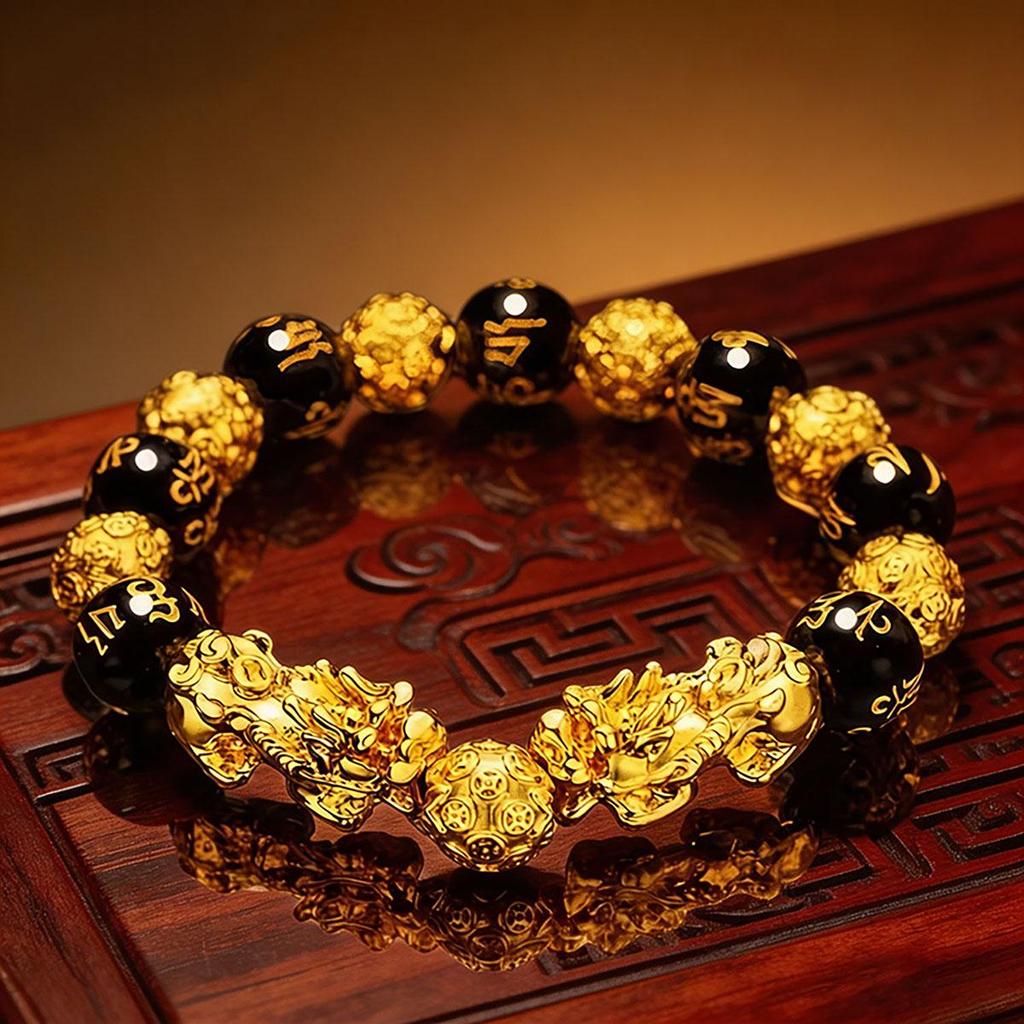 Gold Pixiu Bracelet for Men and Women, Black Solid Guardian Bracelet, Chinese-style Jewelry, Six-character Mantra Buddha Bead Chain