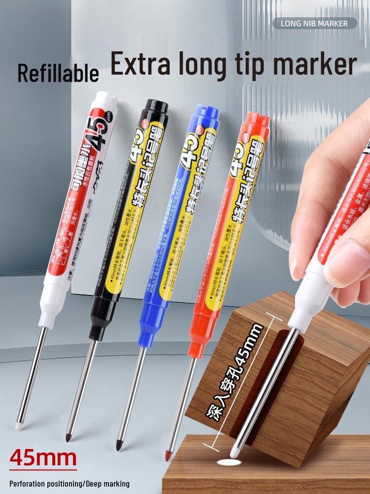 Extra-Long Tip White Oil-Based Marker: Durable, Non-Fading, Deep-Hole Pen for Construction.