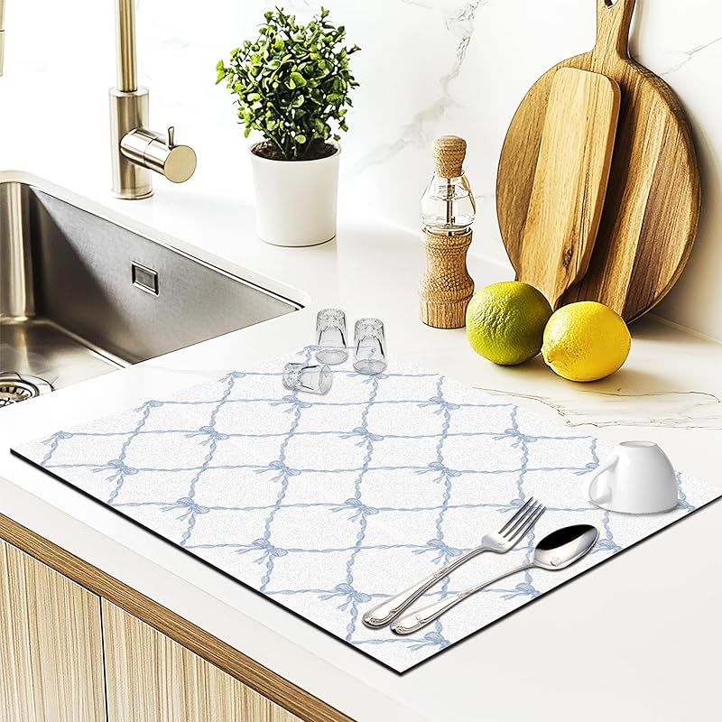 Boho Abstract Dish Drying Mat, Modern Minimalist Neutral Lined Absorbent Dish Drainer Reble Washable Drying Mat Pad for Kitchen Counter, Boho Kitchen