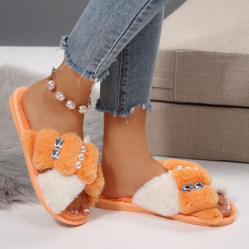 Fashion Fashion Mix Color Faux Fur Slides Women 2025 Winter Luxury Pearl Glitter Cotton Indoor Slippers Warm Short Plush Slippers