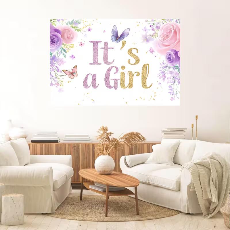 2D "It's a Girl" Baby Shower Backdrop with Pink Purple Roses & Butterflies
