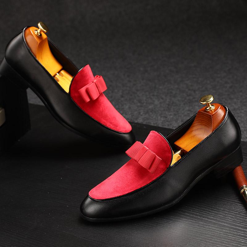Fashion Hot9 Luxury Bowknot Dress Shoes Male Flats Loafers Black Patent Leather Red Suede Loafers Men Formal Wedding Shoes Men Formal