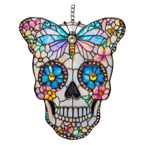 Colorful Skull Suncatcher Sun Catcher Skull Light Trap Window Hanging Decoration with Rhinestones Flowers Butterflies Unique Gothic Boho Decor Gift