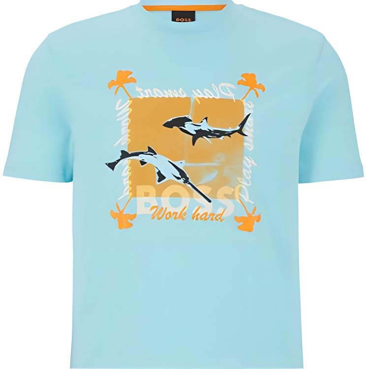 HUGO BOSS T-Shirts Men's Sky Blue Crew Neck Moderate Straight Fit 50491716-461